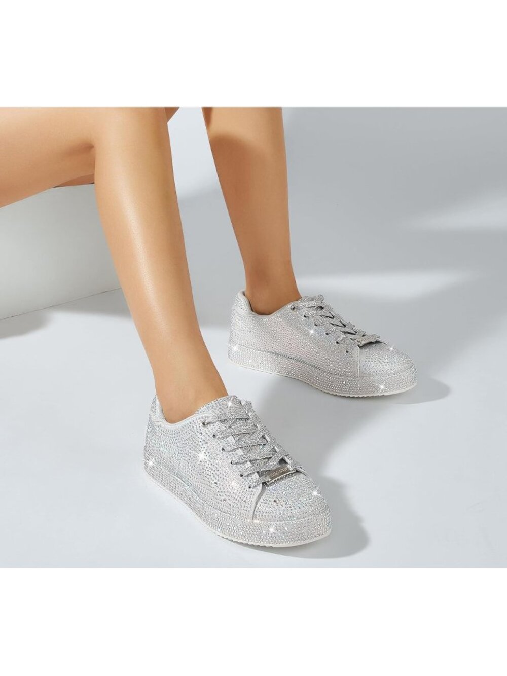 Women's Silver Stylish Sparkly Bling Rhinestone Fashion Glitter Non-Slip Sneaker - Picture 2 of 6